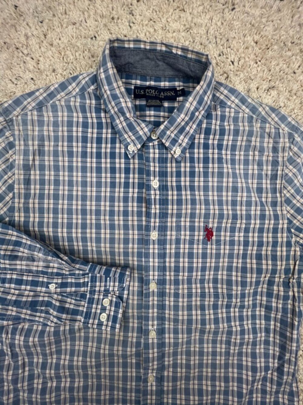 U.S. Polo Assn Men's Plaid Blue White Long Sleeve Button Up Shirt Size Medium